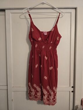 She's Cool Red Midi Dress with White Embroidery